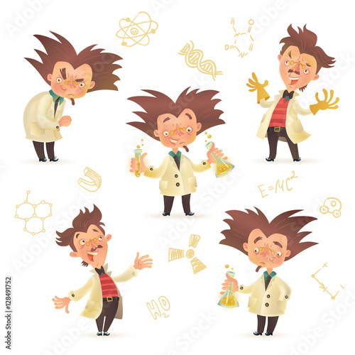 Stereotypic bushy haired mad professor wearing lab coat in various poses, cartoon illustration isolated on white background. Crazy laughing comic scientist, mad professor, chemist, doctor