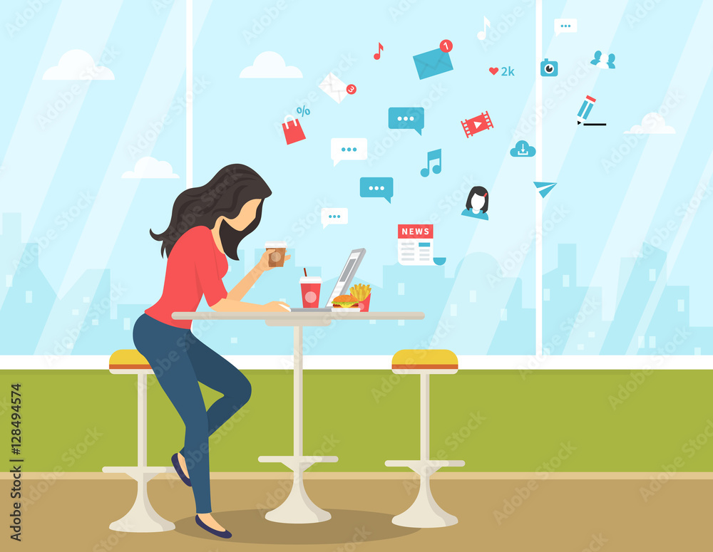 Young woman working with laptop, eating burger and drinking coffee in student cafe. Flat modern illustration of social networking, searching and sending email and texting to friends