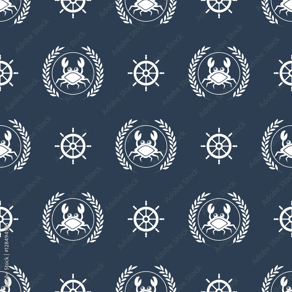 Maritime mood pattern, Seamless nautical pattern with crabs and steering wheels
