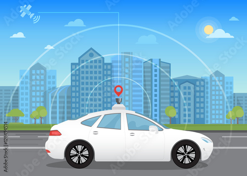 Fototapeta Naklejka Na Ścianę i Meble -  Self-driving intelligent driverless car goes through the city using modern navigation gps technology adapted for navigation sensor and satellite