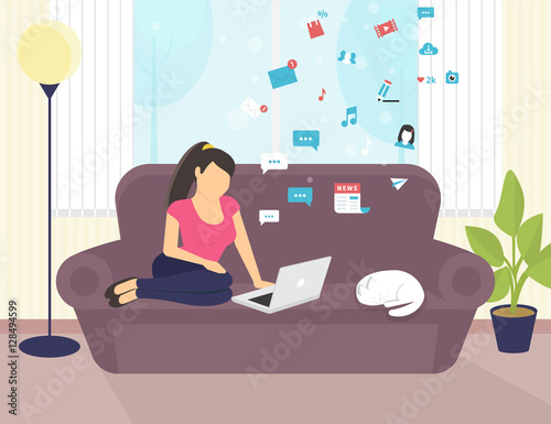 Woman sitting with laptop on the sofa at home and working, she watching a video in social networks.Flat vector illustration of people work or relaxing at home using laptop and typing on computer
