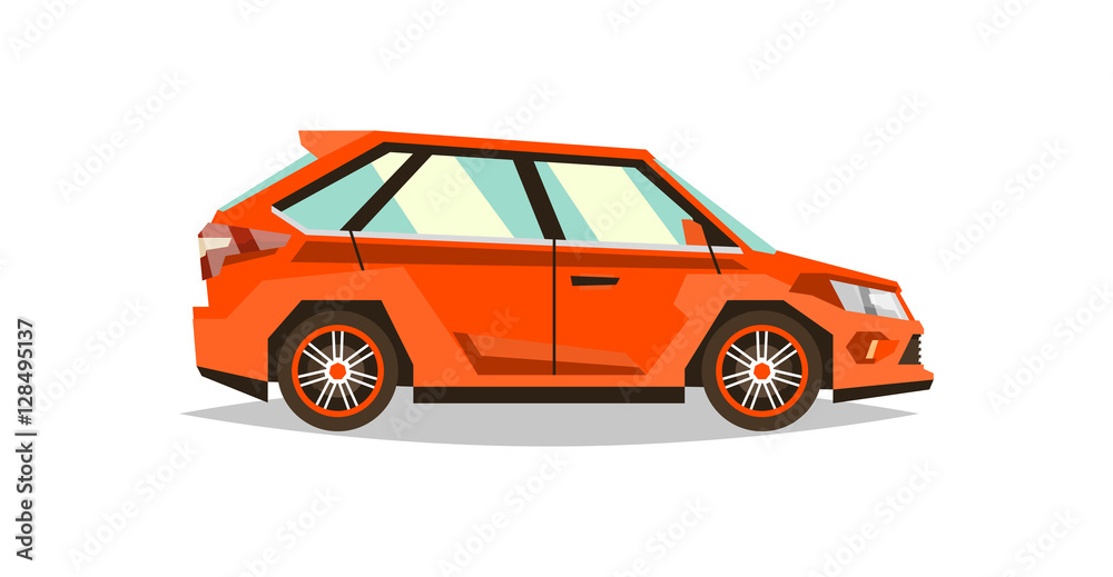 Orange car hatchback. Side view. Transport for travel. Gas engine. Alloy wheels