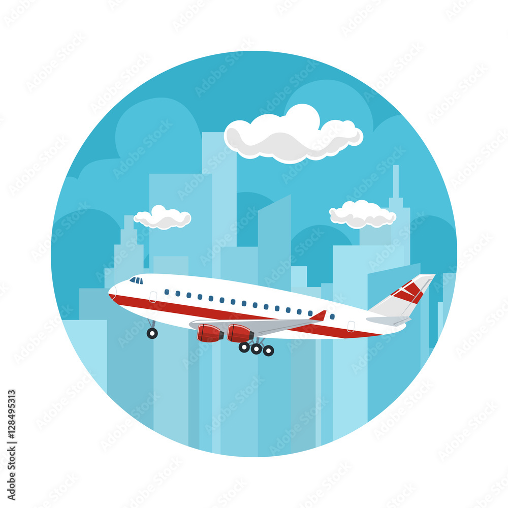 Icon Airplane on the Background of the City, Plane Flies to the West, Travel and Tourism Concept , Air Travel and Transportation, Vector Illustration