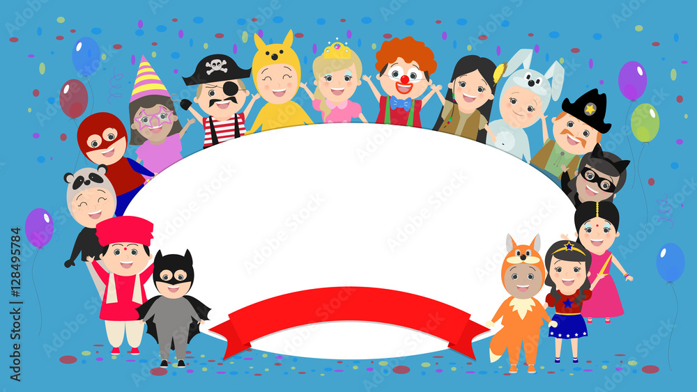 Festive background with kids in costumes around. Children in carnival  costumes. Vector cartoon Stock Vector | Adobe Stock