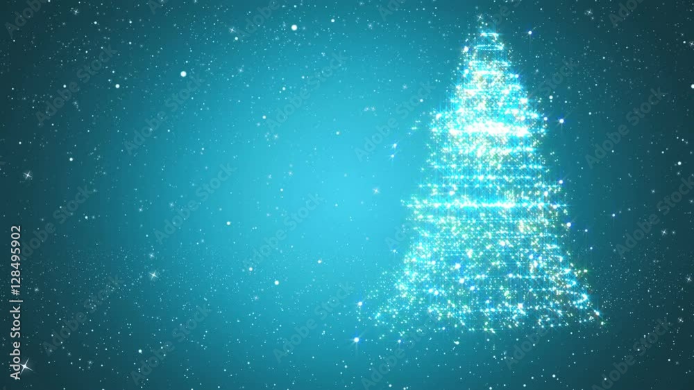 Looped background with Christmas tree of magic particles. Snowy blue background with a rotating Christmas tree of shiny particles. Winter festive backgrounds with falling snowflakes. Looped background with Christmas tree of magic particles. Snowy blue background with a rotating Christmas tree of shiny particles. Winter festive backgrounds with falling snowflakes.
