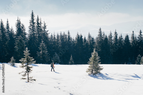 Man tourist with a backpack walking fabulous winter forest  wher photo