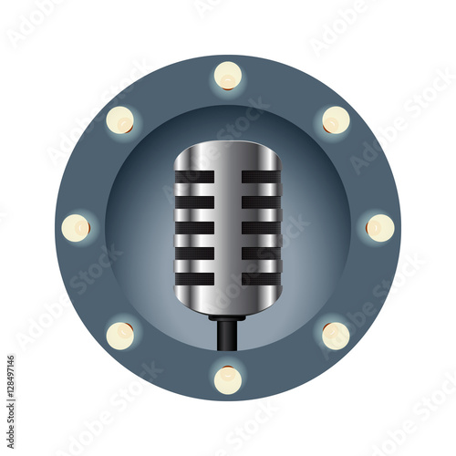 Retro microphone  in a circle of light bulbs on white background