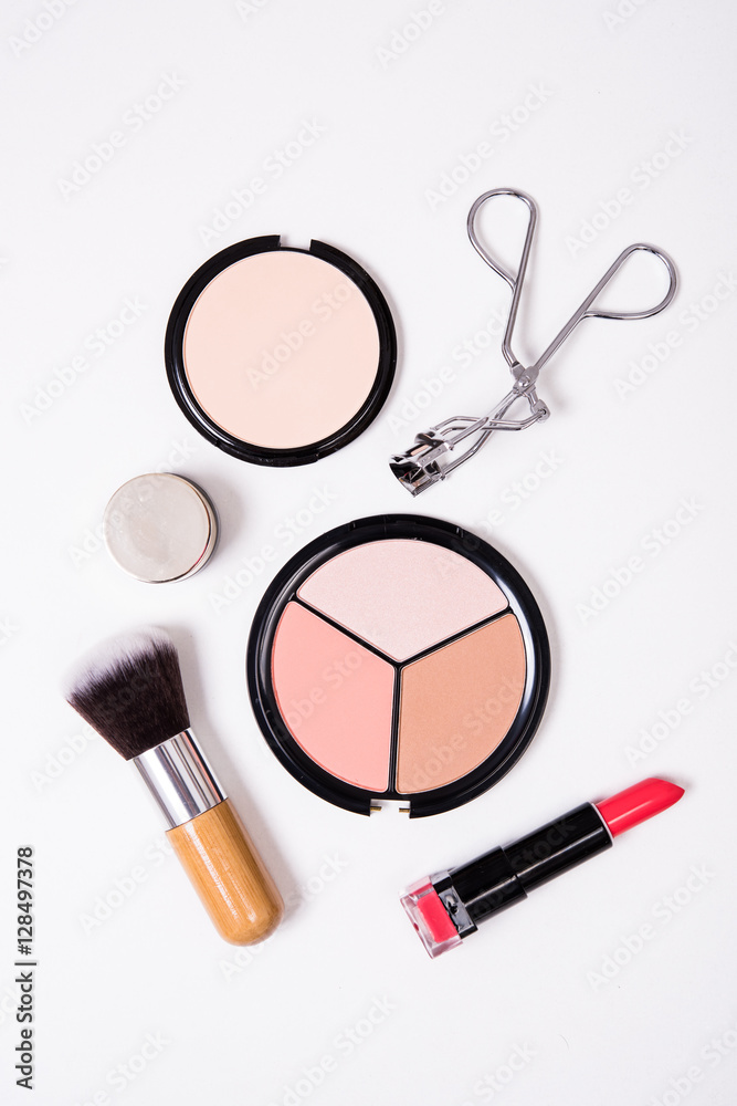 Professional makeup tools, flatlay on white background Professional makeup tools, flatlay on white background