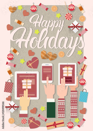 Hands Hold Device Electronics Gadget New Year Laptop Phone Tablet Christmas Gift Decoration Vector Illustration