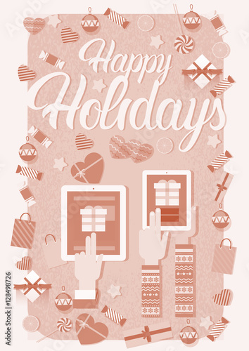 Hands Hold Device Electronics Gadget New Year Laptop Phone Tablet Christmas Gift Decoration Vector Illustration