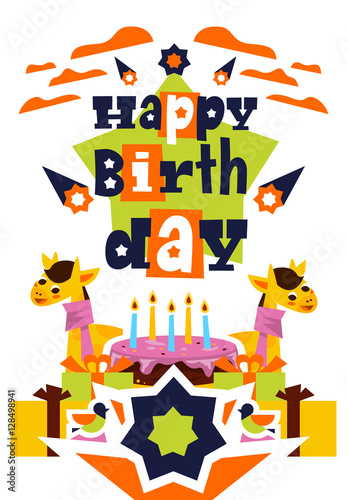 Greeting card with happy birthday. Cake with candles  a giraffe and a scarf. Gifts  clouds  Shooting Stars  letters  birds. Designed for printing invitations and congratulations.