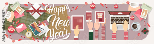 Hands Hold Device Electronics Gadget New Year Laptop Phone Tablet Christmas Gift Decoration Vector Illustration