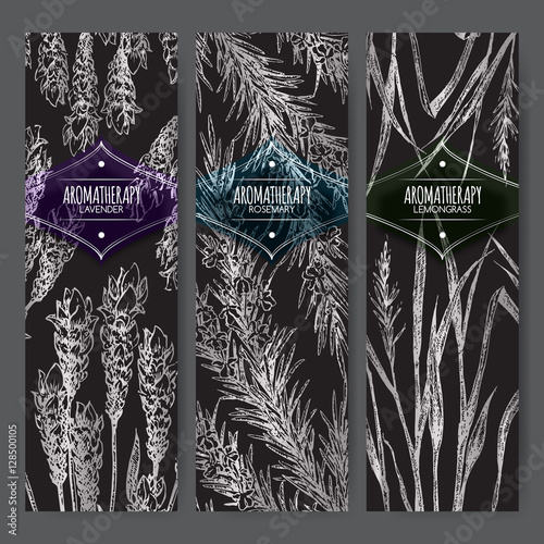 Three labels with lavender, rosemary and lemongrass on black.