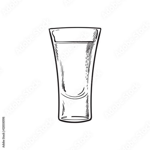 Full glass of black and white tequila, sketch vector illustration isolated on white background. Hand drawn tequila, gin, brandy, rum, whiskey alcohol beverage shot