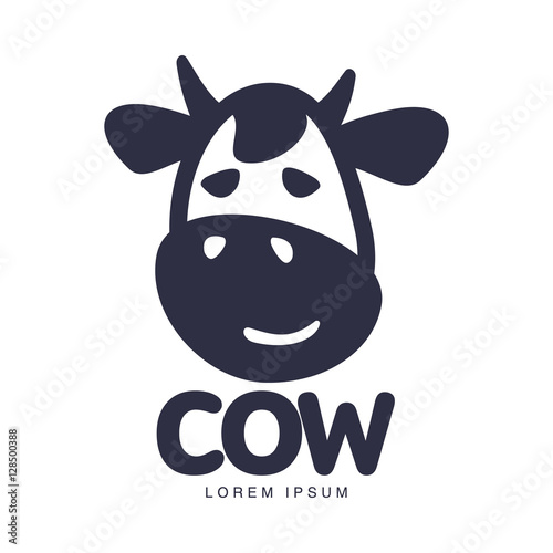 Funny cow head logo template, cartoon vector illustration on white background. Cute, smiling, funny front view cow head for dairy, beef, farm products logo design