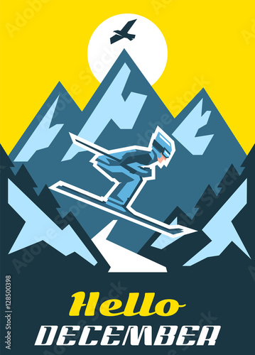 Hello, December. The skier is heading down the slope. Leap from the mountain. Road and horizon. Designed for printing of invitations, greeting cards, advertising. Fresh air. Winter landscape.