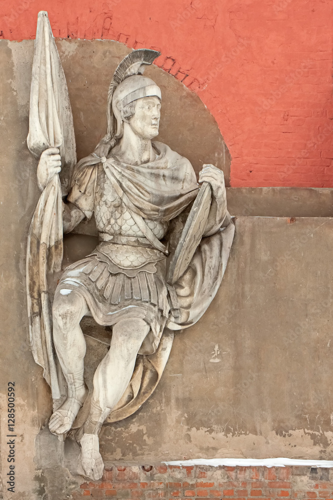 Fototapeta premium Warrior Georgiy. Marble high relief by sculptor N. A. Ramazanov created in 1847-49. Preserved part of the original Christ the Saviour Cathedral blown up in 1931. Donskoy Monastery, Moscow. 