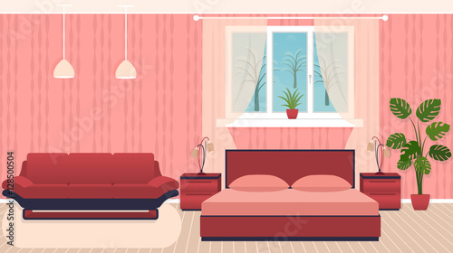 Bright colors bedroom interior with furniture and winter landscape outside the window.
