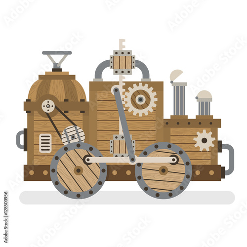 Fantastic strange wooden retro machine with mechanisms, gears, pipes, wheels. Layered vector illustration - easy to edit.