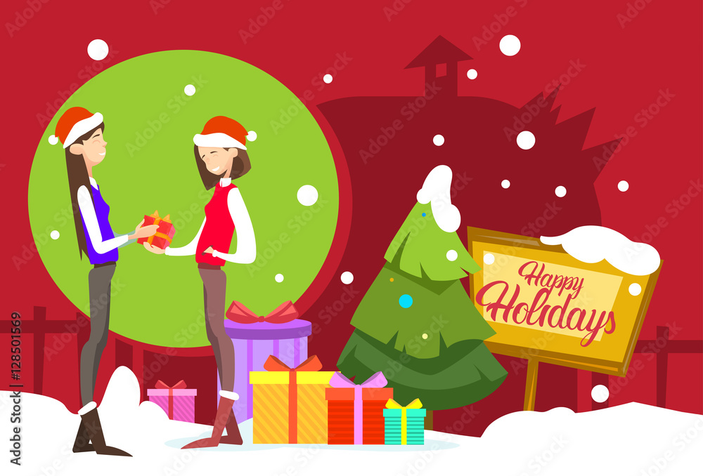 Two Woman Hold Present Box Gift Merry Christmas And Happy New Year Flat Vector Illustration Two Woman Hold Present Box Gift Merry Christmas And Happy New Year Flat Vector Illustration