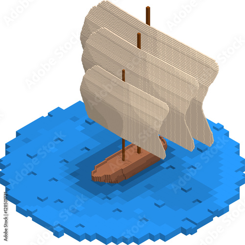 Flat isometric sailing ship built of blocks. Blue sea and ancient wooden ship