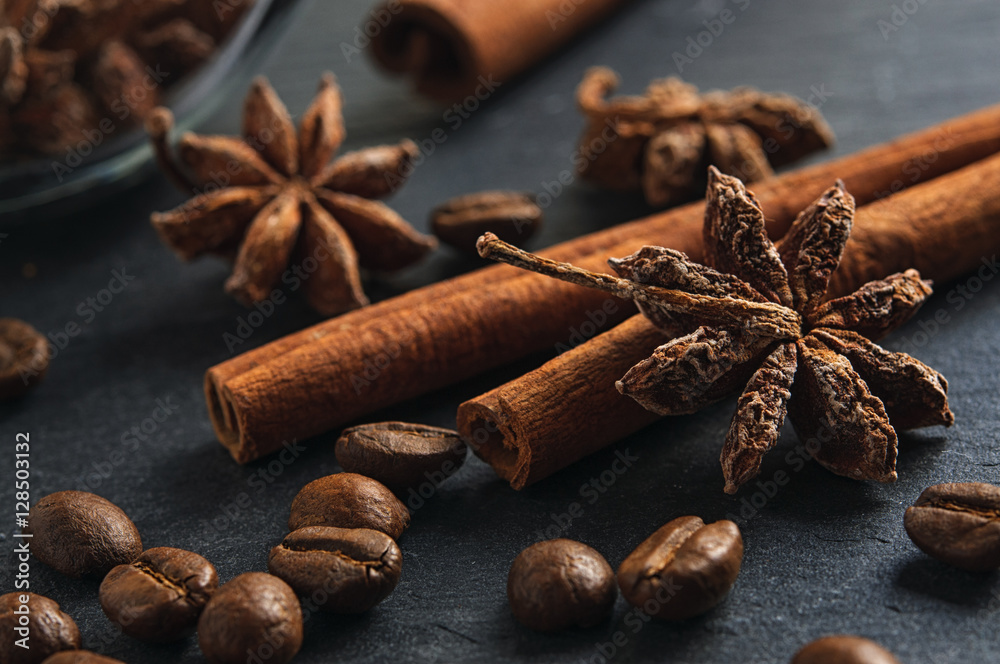 Ingredients: anise star, cinnamon sticks and coffee beans