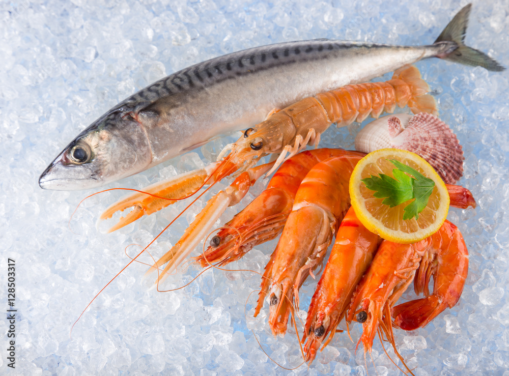 Fresh seafood on crushed ice.