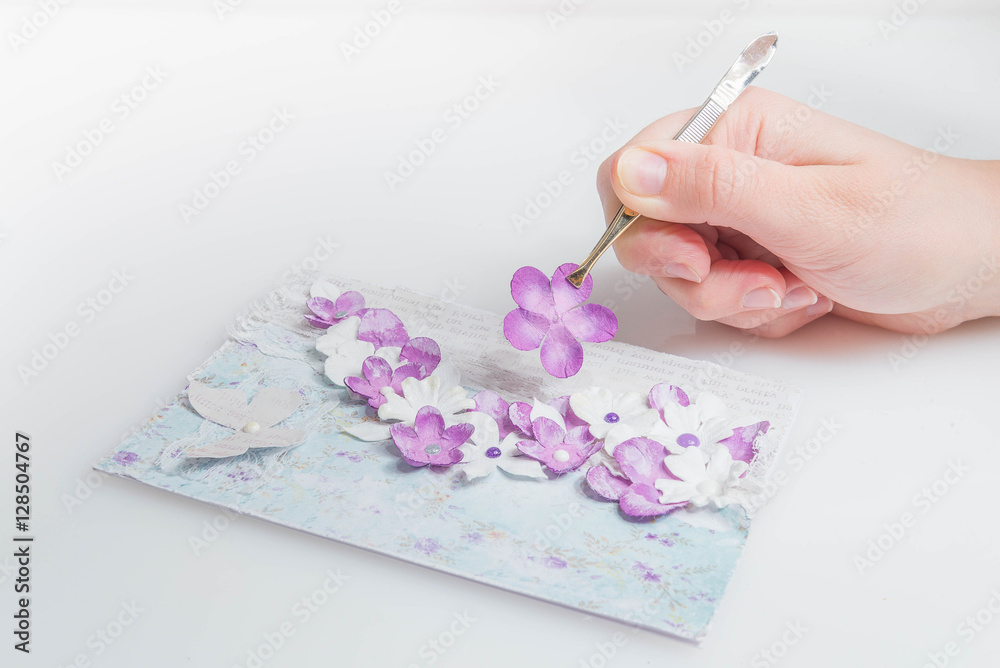 Scrapbooking card of violet flowers on a white background Scrapbooking card of violet flowers on a white background