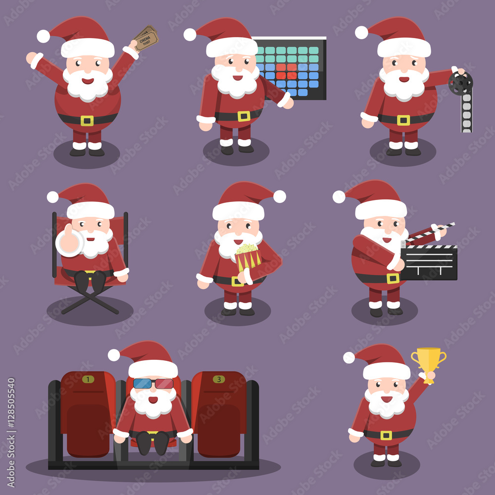 Collection of vector cartoon Santa Claus character in cinema. Concept of Happy New Year and Christmas. Collection of vector cartoon Santa Claus character in cinema. Concept of Happy New Year and Christmas.