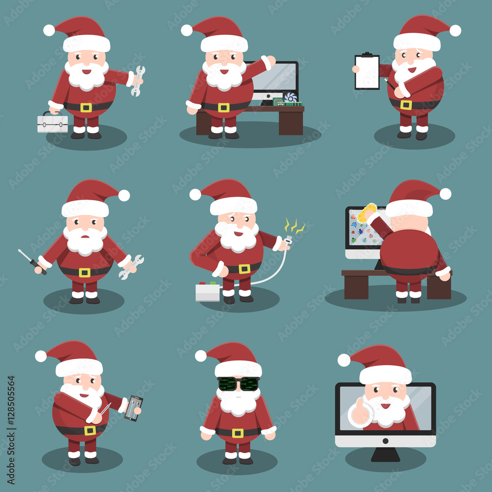 Collection of vector cartoon Santa Claus character in repair, computer marketing and online support service. Concept of Happy New Year and Christmas.
Collection of vector cartoon Santa Claus character in repair, computer marketing and online support service. Concept of Happy New Year and Christmas.