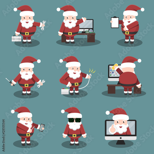 
Collection of vector cartoon Santa Claus character in repair, computer marketing and online support service. Concept of Happy New Year and Christmas.
