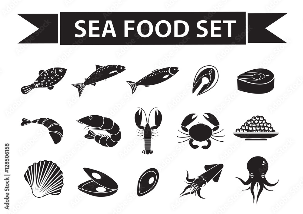 Sea food icons set vector, silhouette, shadow style. Seafood collection  isolated on white background. Fish products illustration, design element  Stock Vector