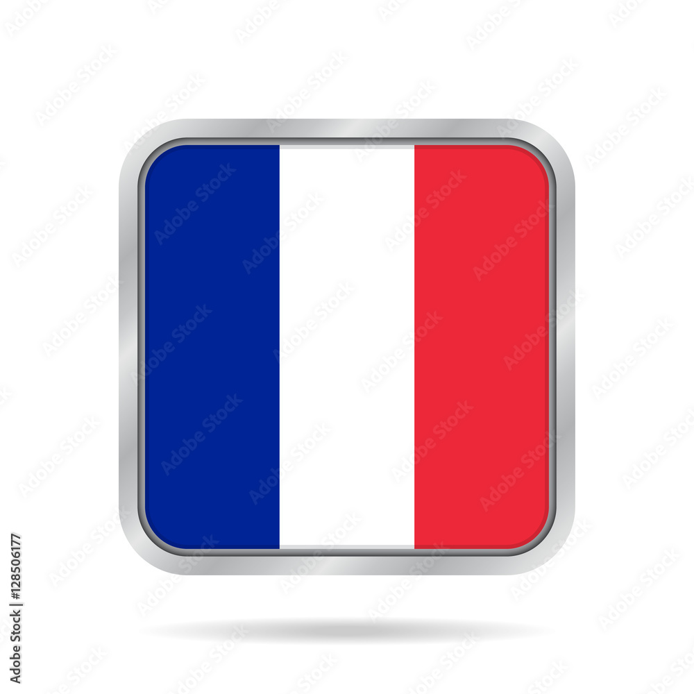Flag of France. Shiny metallic gray square button.
