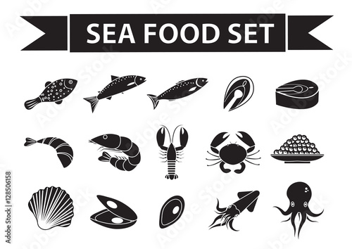 Sea food icons set vector, silhouette, shadow style. Seafood collection isolated on white background. Fish products illustration, design element