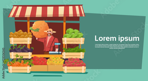 Farm Market Organic Eco Fruits Vegetables Grocery Flat Vector Illustration