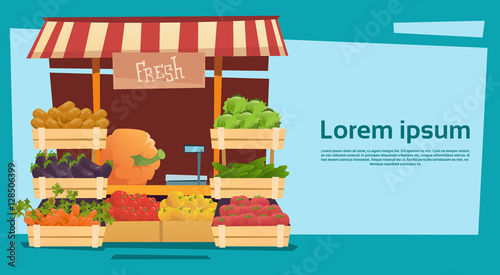 Farm Market Organic Eco Fruits Vegetables Grocery Flat Vector Illustration