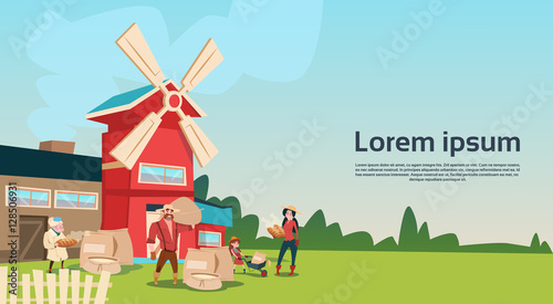 Farmers Family Wheat Mill Building Farmland Countryside Landscape Flat Vector Illustration