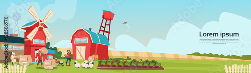 Farmers Family Wheat Mill Building Farmland Countryside Landscape Flat Vector Illustration