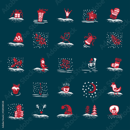 Holiday hand drawn sketch Christmas and New Year set icons isolated on dark blue background