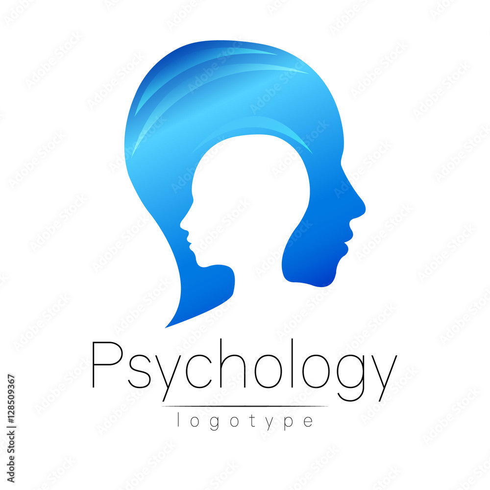 Modern head logo of Psychology. Profile Human. Creative style. Logotype in vector. Design concept. Brand company. Blue color isolated on white background. Symbol for web, print, card, flyer.