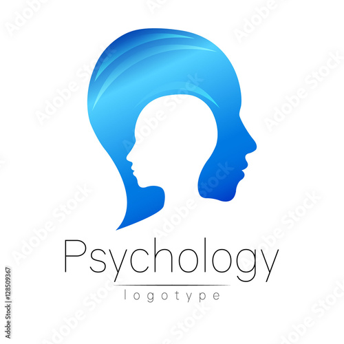 Modern head logo of Psychology. Profile Human. Creative style. Logotype in vector. Design concept. Brand company. Blue color isolated on white background. Symbol for web, print, card, flyer.