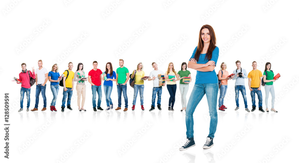 Fototapeta premium Large group of teenage students on white