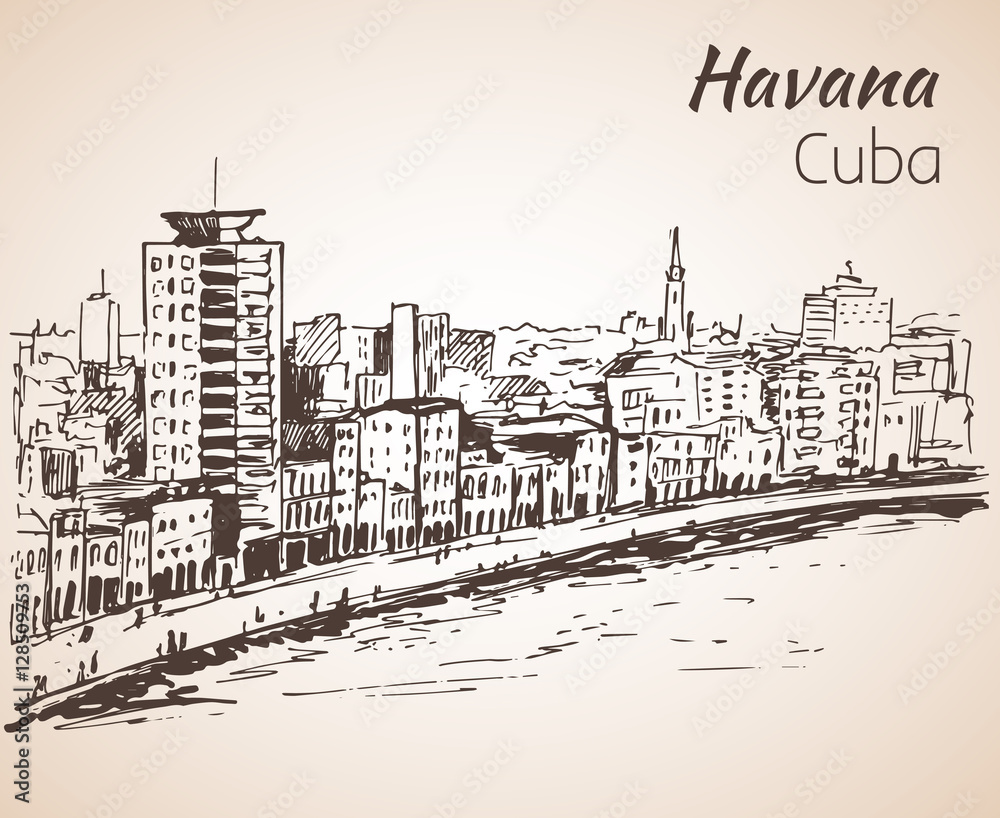 Havana  sityscape sketch. Cuba
