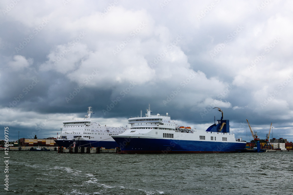 Freight ferries in the port of Klaipeda in Lithuania on the Baltic Sea.