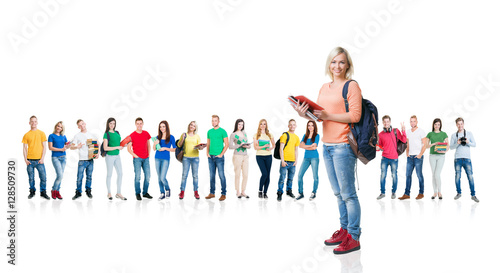 Large group of teenage students on white