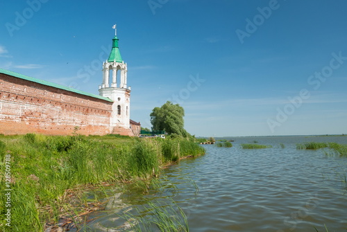 Wall and tower of the ancient monastery on the shores of Lake Nero in Rostov Veliky