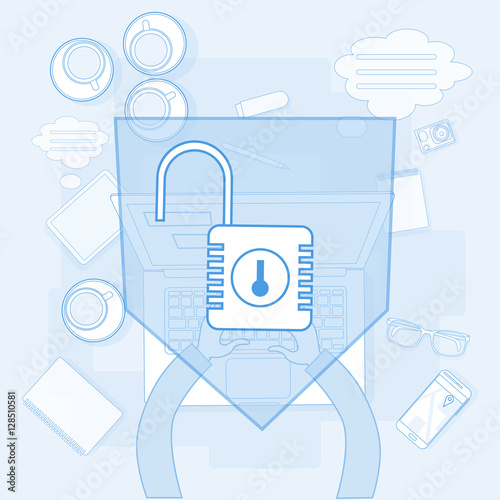 Business Workplace Desk Hands Working Laptop Lock Data Security System Vector Illustration