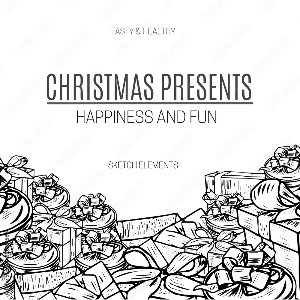 vector illustration design gift boxes with bows and ribbons.Hand drawn sketch