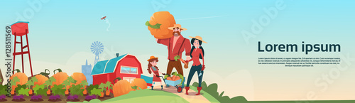 Farmers Parents And Daughter Gather Harvest Farm Background Flat Vector Illustration