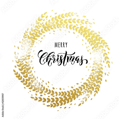 golden glitter decoration wreath Merry Christmas greeting card